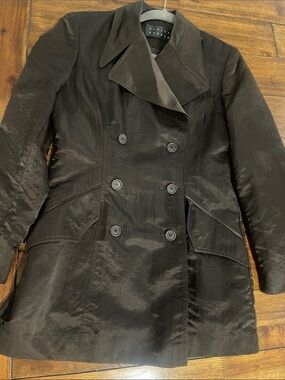 Vintage Finity Studio Double Breasted Dark Chocolate Brown Coat metallic sheer M